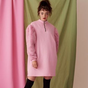 Lazy Oaf G.E.M. Furry Sleeve Sweater Dress in Pink